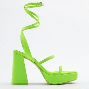 ZARA Neon Green Chunky Platform Strappy Sandals Heels US 8 EU 39 Block Pistachio
